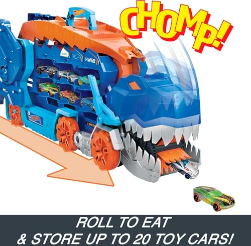 Hot Wheels City Ultimate Hauler, Transforms into Stomping T-Rex with Race Track, Lights and Sounds, Toy Storage for 20+ 1:64 Scale Cars