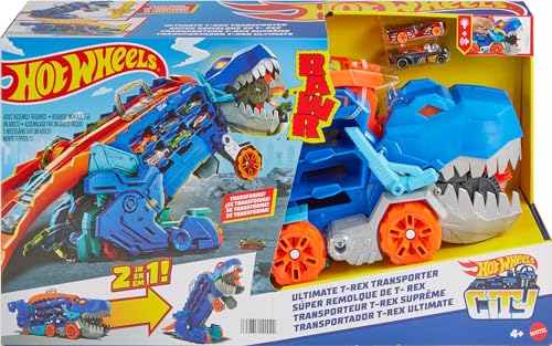 Hot Wheels City Ultimate Hauler, Transforms into Stomping T-Rex with Race Track, Lights and Sounds, Toy Storage for 20+ 1:64 Scale Cars