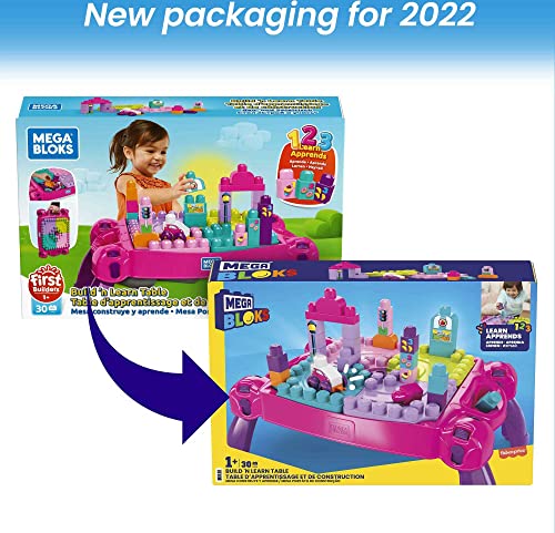 MEGA BLOKS Fisher Price Toddler Building Blocks, Build n Learn Activity Table with 30 Pieces, Toy Car and Storage, Pink, Portable Gift Ideas for Kids (Amazon Exclusive)