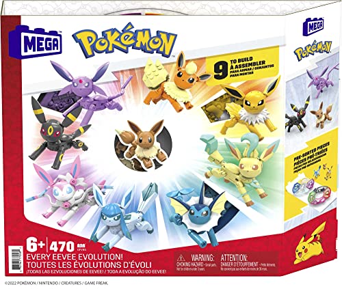 MEGA Pokemon Action Figure Building Toys for Kids, Every Eevee Evolution with 470 Pieces, 9 Poseable Characters