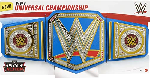 Mattel WWE Universal Championship Role Play Title Belt with Metallic Sideplates and Adjustable Strap for Kids, Blue/Gold