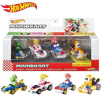 Hot Wheels Mario Kart Vehicle 4-Pack, Set of 4 Fan-Favorite Characters Includes 1 Exclusive Model, Collectible Gift for Kids & Fans Ages 3 Years Old & Up