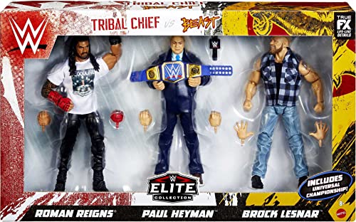 Mattel Action Figure 3-Pack Tribal Chief vs Beast IncarnateRoman Reigns Brock Lesnar & Paul Heyman Elite Collection with Universal Championship & Swappable Hands