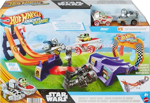 Hot Wheels Racerverse, Star Wars Track Set with Die-Cast Hot Wheels Racers Inspired by Star Wars: Grogu & The Mandolorian