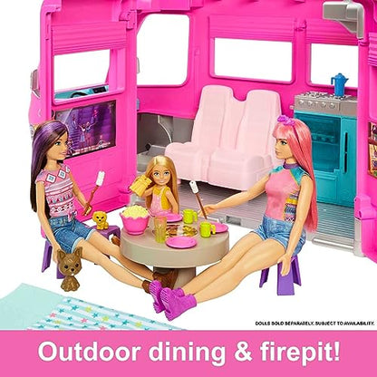 Barbie Camper Playset, Dreamcamper Toy Vehicle with 60 Accessories Including Furniture, Pool and 30-Inch Slide