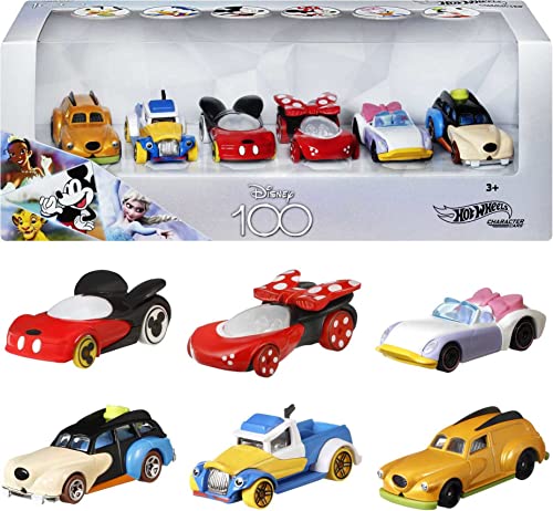 Hot Wheels Disney Character Cars, 6-Pack 1:64 Scale Toy Cars in Collectible Packaging: Mickey, Minnie, Pluto, Daisy, Donald & Goofy