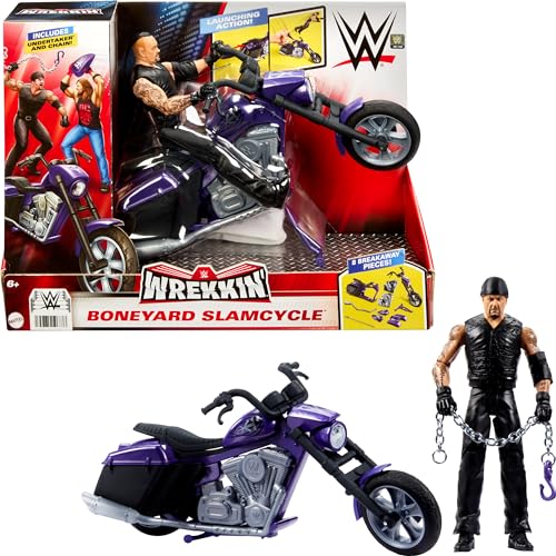 Mattel WWE Wrekkin' Action Figure & Toy Vehicle Set, Undertaker with Slamcycle Motorcycle with Lanching Action and Breakable Parts