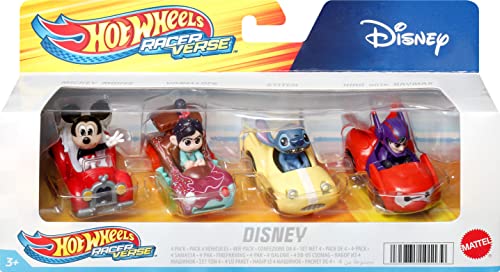 Hot Wheels RacerVerse, Set of 4 Die-Cast Disney Toy Cars Optimized for Hot Wheels Track with Popular Disney Characters as Drivers