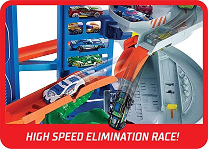 Hot Wheels Ultimate Garage Track Set with 2 Toy Cars, Hot Wheels City Playset with Multi-Level Side-by-Side Racetrack, Moving T-Rex Dino & Hot Wheels Storage for 100+ 1:64 Scale (Amazon Exclusive)