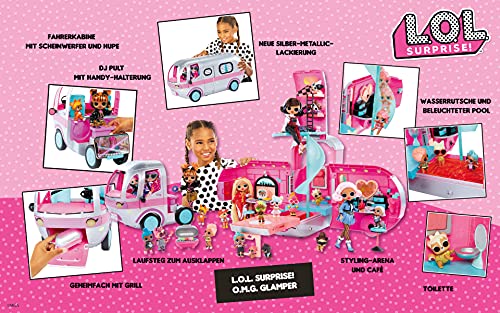 LOL Surprise OMG Glamper Fashion Camper Doll Playset with 55+ Surprises, Fully-Furnished with Light Up Pool, Water Slide, Bunk Beds, Cafe, BBQ Grill, DJ Booth - Ages 4 + Years