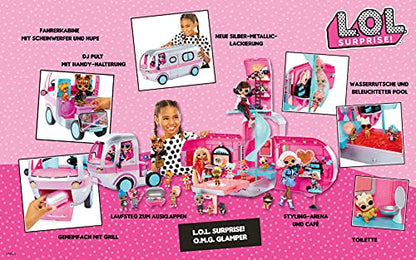 LOL Surprise OMG Glamper Fashion Camper Doll Playset with 55+ Surprises, Fully-Furnished with Light Up Pool, Water Slide, Bunk Beds, Cafe, BBQ Grill, DJ Booth - Ages 4 + Years