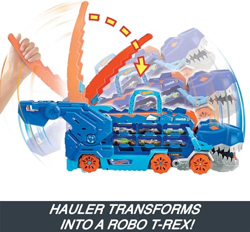 Hot Wheels City Ultimate Hauler, Transforms into Stomping T-Rex with Race Track, Lights and Sounds, Toy Storage for 20+ 1:64 Scale Cars