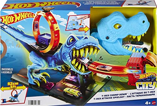 Hot Wheels Toy Car Track Set City T-Rex Chomp Down with 1:64 Scale Car, Knock Out the Giant Dinosaur with Stunts Small