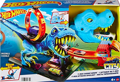 Hot Wheels Toy Car Track Set City T-Rex Chomp Down with 1:64 Scale Car, Knock Out the Giant Dinosaur with Stunts Small