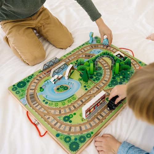 Melissa & Doug 17-Piece Wooden Take-Along Tabletop Railroad, 3 Trains, Truck, Play Pieces, Bridge - Wooden Train Sets For Kids Ages 3+