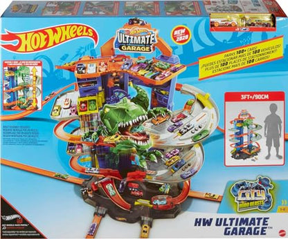 Hot Wheels Ultimate Garage Track Set with 2 Toy Cars, Hot Wheels City Playset with Multi-Level Side-by-Side Racetrack, Moving T-Rex Dino & Hot Wheels Storage for 100+ 1:64 Scale (Amazon Exclusive)