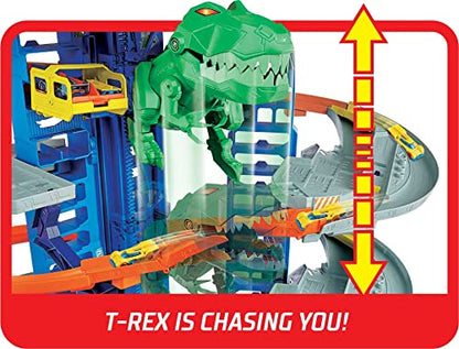 Hot Wheels Ultimate Garage Track Set with 2 Toy Cars, Hot Wheels City Playset with Multi-Level Side-by-Side Racetrack, Moving T-Rex Dino & Hot Wheels Storage for 100+ 1:64 Scale (Amazon Exclusive)