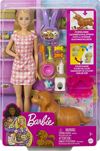 Barbie Doll and Pets, Blonde Doll with Mommy Dog, 3 Newborn Puppies with Color-Change Feature and Pet Accessories