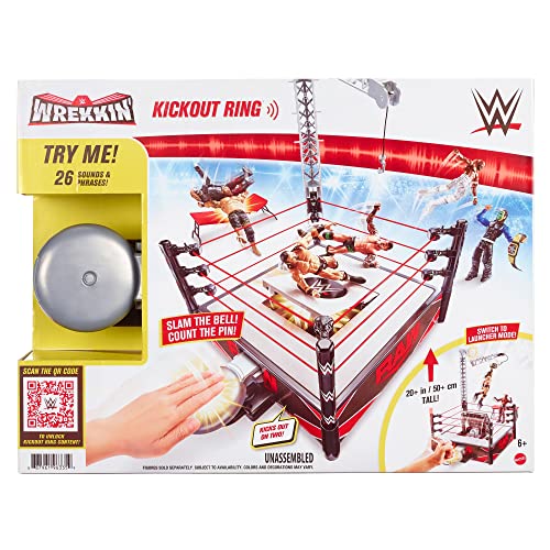 Mattel WWE Kickout Ring Wrekkin Playset with Randomized Ring Count, Springboard Launcher, Crane, WWE Championship & Accessories, 13-Inch X 20-Inch Ring, Multicolor