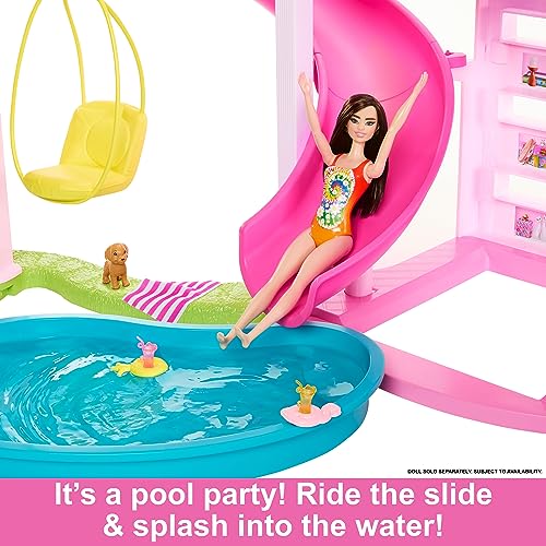 Barbie Dreamhouse 2023, Pool Party Doll House with 75+ Pieces and 3-Story Slide, Barbie House Playset, Pet Elevator and Puppy Play Areas