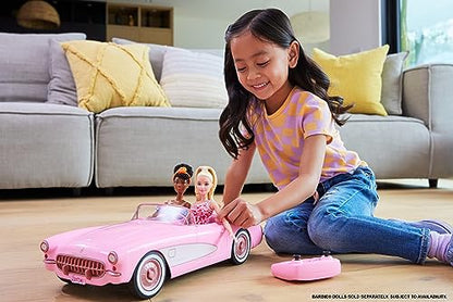 Hot Wheels RC Barbie Corvette, Battery-Operated Remote-Control Toy Car from Barbie The Movie, Holds 2 Barbie Dolls, Trunk Opens for Storage