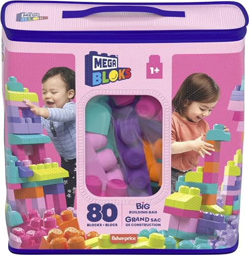 MEGA BLOKS Fisher-Price Toddler Block Toys, Big Building Bag with 80 Pieces and Storage Bag, Pink .