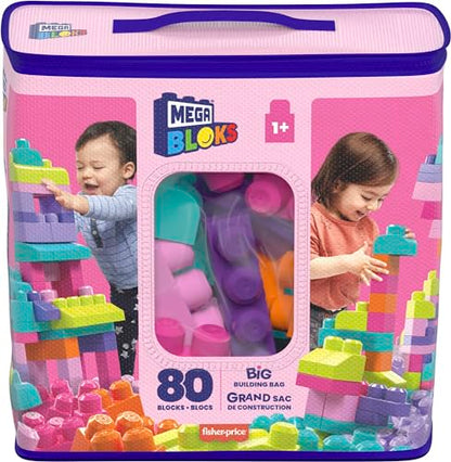 MEGA BLOKS Fisher-Price Toddler Block Toys, Big Building Bag with 80 Pieces and Storage Bag, Pink .