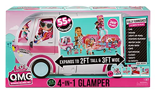 LOL Surprise OMG Glamper Fashion Camper Doll Playset with 55+ Surprises, Fully-Furnished with Light Up Pool, Water Slide, Bunk Beds, Cafe, BBQ Grill, DJ Booth - Ages 4 + Years