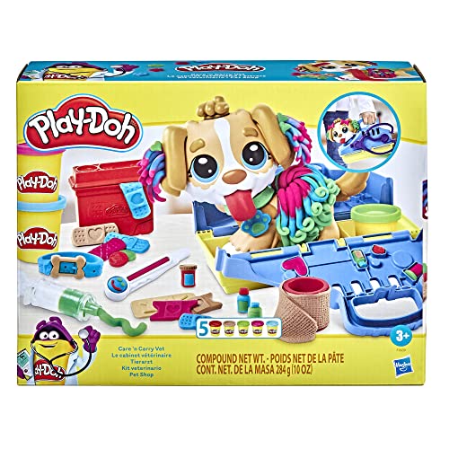 Play-Doh Care 'n Carry Vet Playset for Kids 3 and Up with Toy Dog, Storage, 10 Tools, and 5 Modeling Compound Colors.