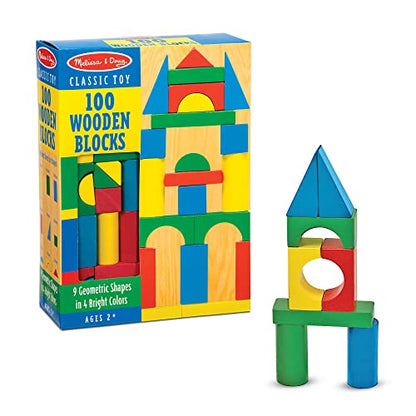 Melissa & Doug Wooden Building Set - 100 Blocks in 4 Colors and 9 Shapes