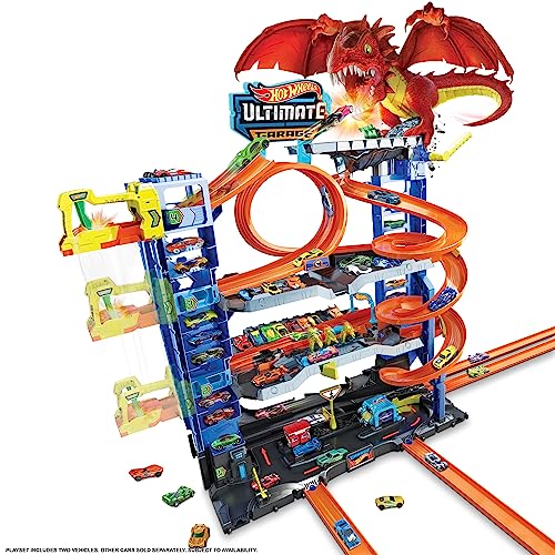 Hot Wheels City Ultimate Garage Playset with 2 Die-Cast Cars, Toy Storage for 50+ 1:64 Scale Cars, 4 Levels of Track Play, Defeat The Dragon