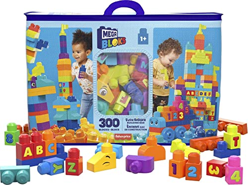 MEGA BLOKS Fisher-Price Toddler Block Toys, Even Bigger Building Bag with 300 Pieces and Storage.