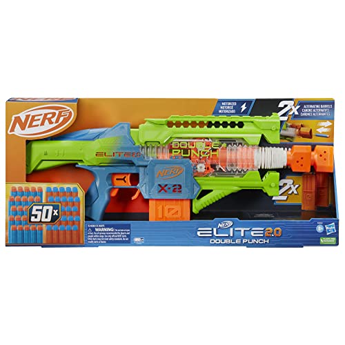 Nerf Elite 2.0 Double Punch Motorized Dart Blaster, Rapid Alternating Barrels, 50 Nerf Elite Darts, 2X 10-Dart Clips, Ages 8 & Up