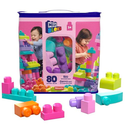 MEGA BLOKS Fisher-Price Toddler Block Toys, Big Building Bag with 80 Pieces and Storage Bag, Pink .