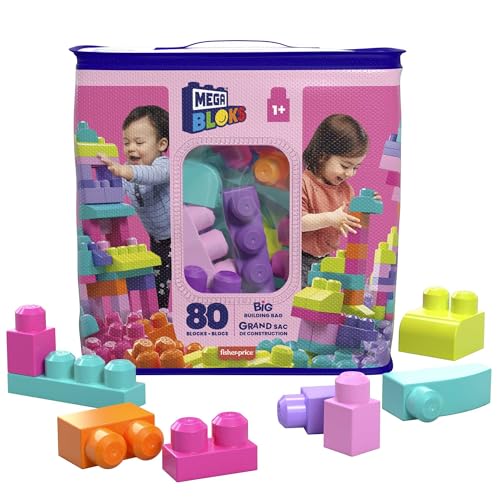 MEGA BLOKS Fisher-Price Toddler Block Toys, Big Building Bag with 80 Pieces and Storage Bag, Pink .