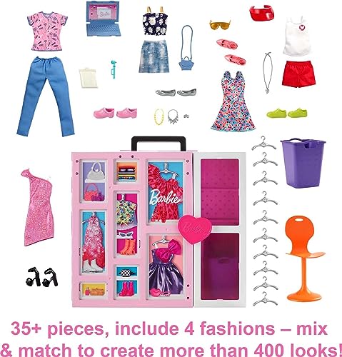 Barbie Dream Closet Playset, 35+ Clothes & Accessories Including 5 Complete Looks, Pop-Up Second Level, Mirror & Laundry Chute