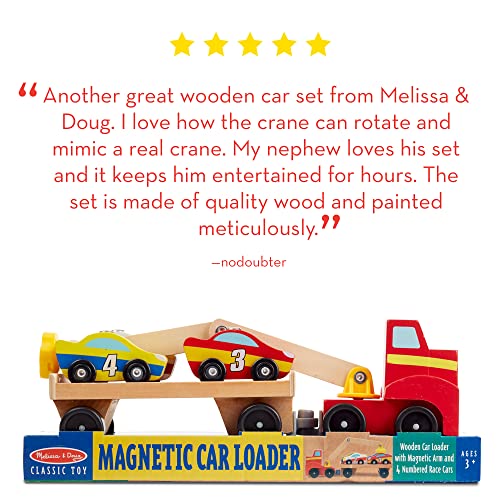 Melissa & Doug Magnetic Car Loader Wooden Toy Set With 4 Cars and 1 Semi-Trailer Truck - Crane Wooden Toy, Vehicle Toys For Kids Ages 3+