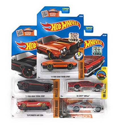 Hot Wheels Muscle Car Madness 5 Pack Random Diecast Bundle Set with Various Corvettes, Mustangs, Camaros, Chargers, GTO"s, Firebirds, Shelby, and More