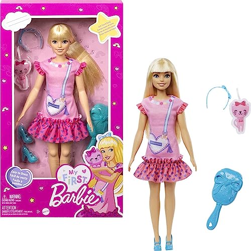 Barbie My First Barbie Preschool Doll, "Malibu" with 13.5-inch Soft Posable Body , Plush Kitten & Accessories