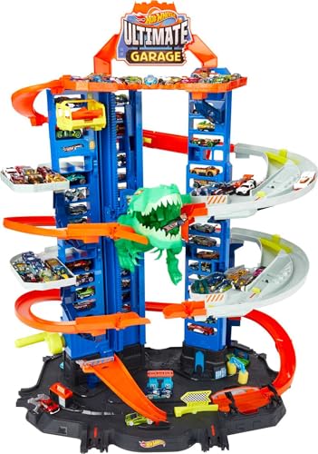 Hot Wheels Ultimate Garage Track Set with 2 Toy Cars, Hot Wheels City Playset with Multi-Level Side-by-Side Racetrack, Moving T-Rex Dino & Hot Wheels Storage for 100+ 1:64 Scale (Amazon Exclusive)