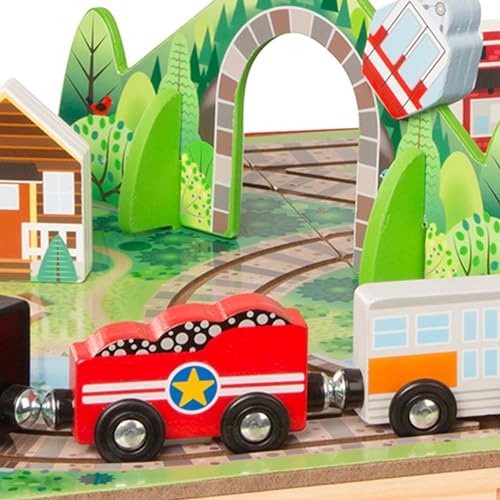 Melissa & Doug 17-Piece Wooden Take-Along Tabletop Railroad, 3 Trains, Truck, Play Pieces, Bridge - Wooden Train Sets For Kids Ages 3+