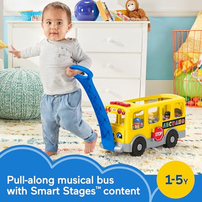 Fisher-Price Little People Big Yellow Bus, musical push and pull toy with Smart Stages for toddlers and preschool kids