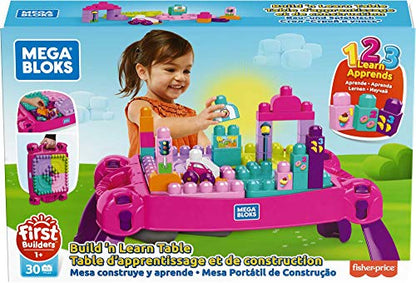 MEGA BLOKS Fisher Price Toddler Building Blocks, Build n Learn Activity Table with 30 Pieces, Toy Car and Storage, Pink, Portable Gift Ideas for Kids (Amazon Exclusive)