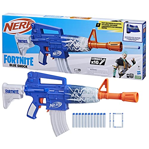 Nerf Fortnite Blue Shock Blaster, 10 Dart Clip, 10 Elite Nerf Darts, Includes Bonus Code to Unlock The Beat Wrap in The Game, Motorized Dart Blaster