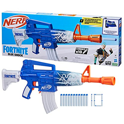 Nerf Fortnite Blue Shock Blaster, 10 Dart Clip, 10 Elite Nerf Darts, Includes Bonus Code to Unlock The Beat Wrap in The Game, Motorized Dart Blaster