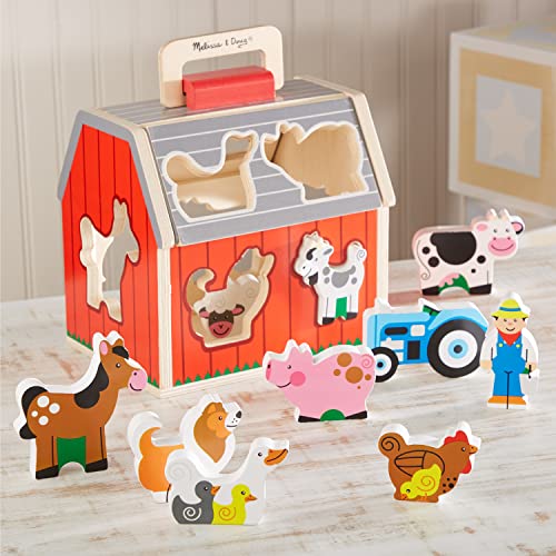 Melissa & Doug Wooden Take-Along Sorting Barn Toy with Flip-Up Roof and Handle, 10 Wooden Farm Play Pieces - Ages 2+