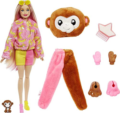 Barbie Cutie Reveal Fashion Doll, Jungle Series Monkey Plush Costume, 10 Surprises Including Mini Pet & Color Change