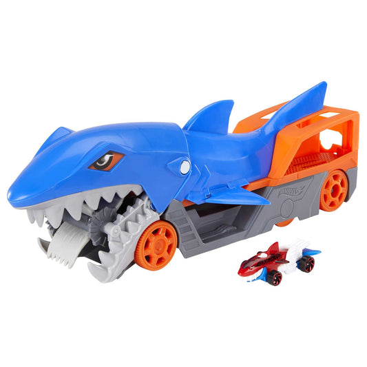 Hot Wheels Toy Car Shark Chomp Transporter & 1:64 Scale Car, Connects to Hot Wheels Track & Stores 5 Scale Vehicles