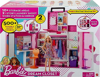 Barbie Dream Closet Playset, 35+ Clothes & Accessories Including 5 Complete Looks, Pop-Up Second Level, Mirror & Laundry Chute