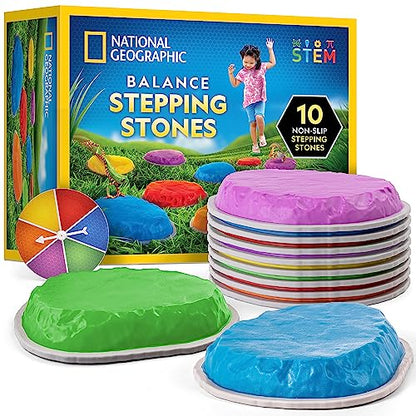 NATIONAL GEOGRAPHIC Stepping Stones for Kids – 10 Durable Non-Slip Stones Encourage Toddler Balance & Gross Motor Skills, Indoor & Outdoor Toys, Balance Stones, Obstacle Course (Amazon Exclusive)